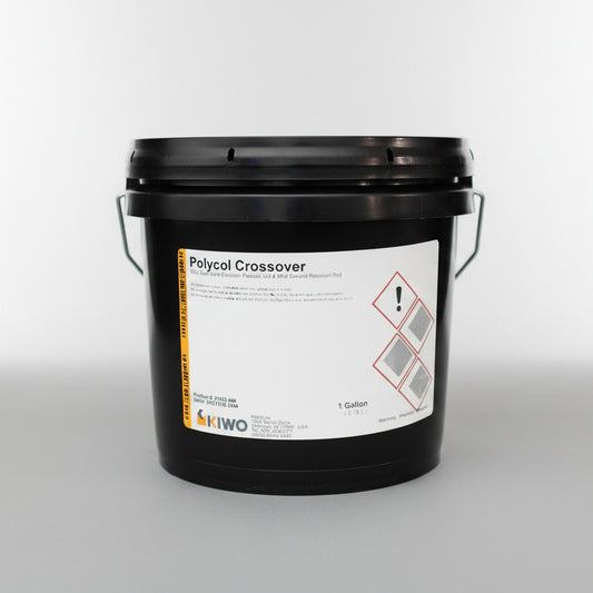 black bucket with a white label that reads kiwo poly crossover emulsion. 
