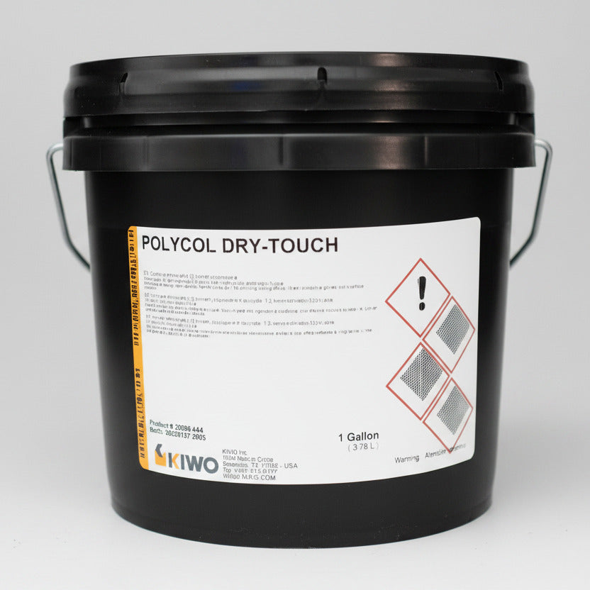 black gallon bucket with a white label that reads "polycol dry-touch"